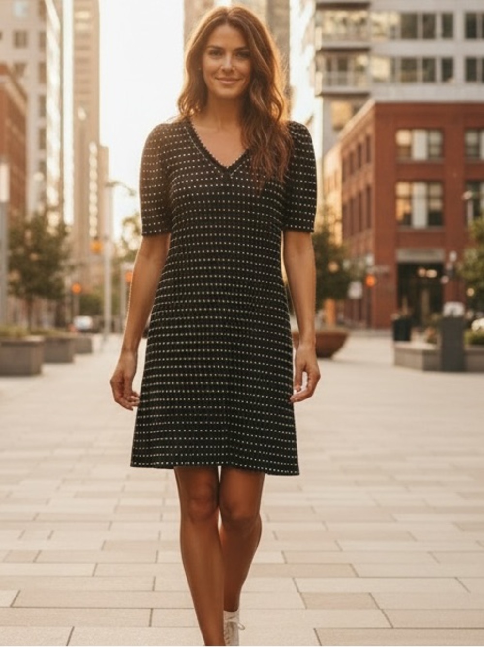 Loft Black V-Neck Short Sleeve Dress with Dot Pattern sz ST